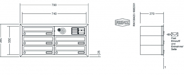 RENZ Briefkastenanlage Unterputz, Eckrahmen, Edelstahl V4A, Kastenformat 370x110x270mm, mit Klingel - & Lichttaster und Vorbereitung Gegensprechanlage, 5-teilig